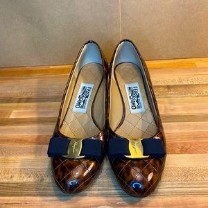 Salvatore Ferragamo Brown Tortoiseshell Print,Patent Leather, Quilted,Bow Pumps.